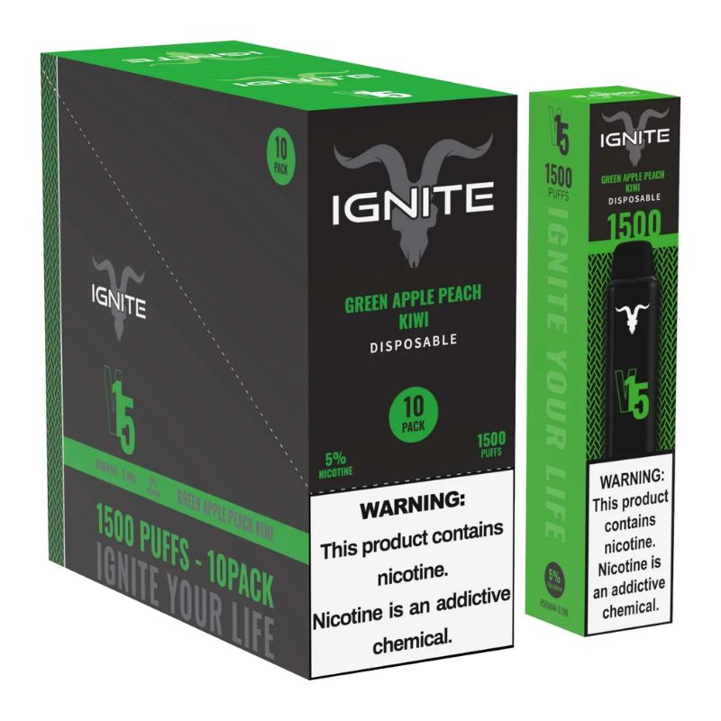 Vape Electrónico Ignite V15 1500 Puffs Nic 5g Green Apple Peach Kiwi