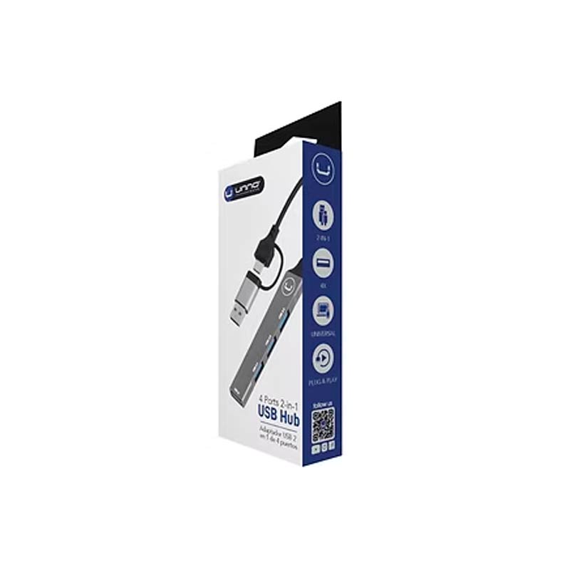 Hub 2 en 1 UnnoTekno 4 Puertos USB + USB-C Gris