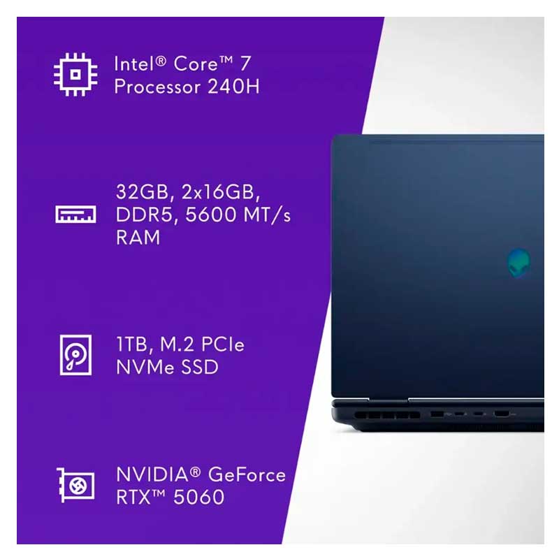 Laptop Dell Alienware Aurora 16" Core 7 240H 32GB RAM 1TB SSD RTX 5060 8GB Azul W11 Home Teclado Ingles