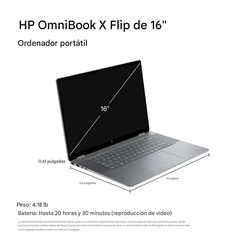 Laptop HP OmniBook X FLIP 2 en 1 16" Touch 2K AMD Ryzen 5 220 8GB RAM 512GB SSD Radeon 740M W11 Home Gris Teclado Ingles