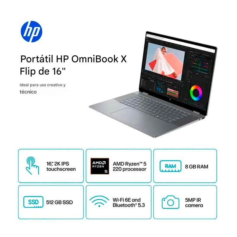 Laptop HP OmniBook X FLIP 2 en 1 16" Touch 2K AMD Ryzen 5 220 8GB RAM 512GB SSD Radeon 740M W11 Home Gris Teclado Ingles