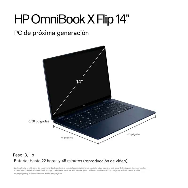 Laptop HP OmniBook X FLIP 2 en 1 14" Touch 2K Intel Core Ultra 7 256V 16GB RAM 1TB SSD W11 Home Azul Teclado Ingles