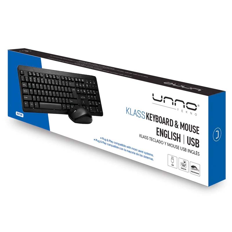 Teclado y Mouse Alámbrico Unno Tekno Klass USB Ingles Negro
