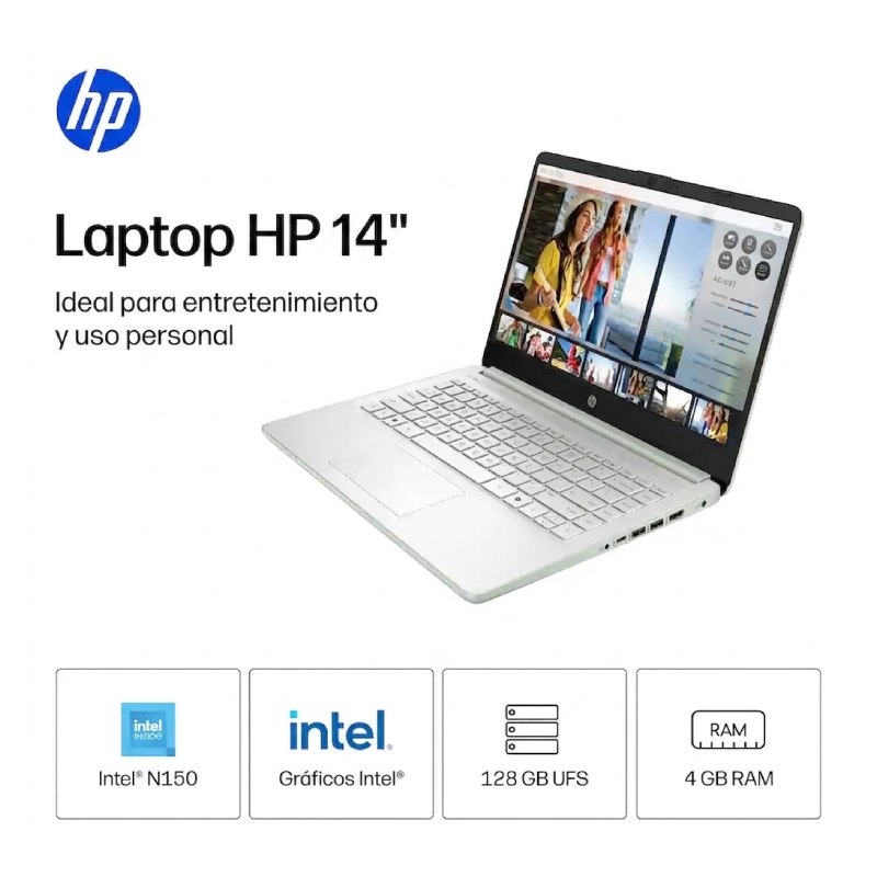 Laptop HP 14-dq6103dx 14" Celeron N150 4GB RAM 128GB UFS W11S Home Verde Claro Teclado Inglés
