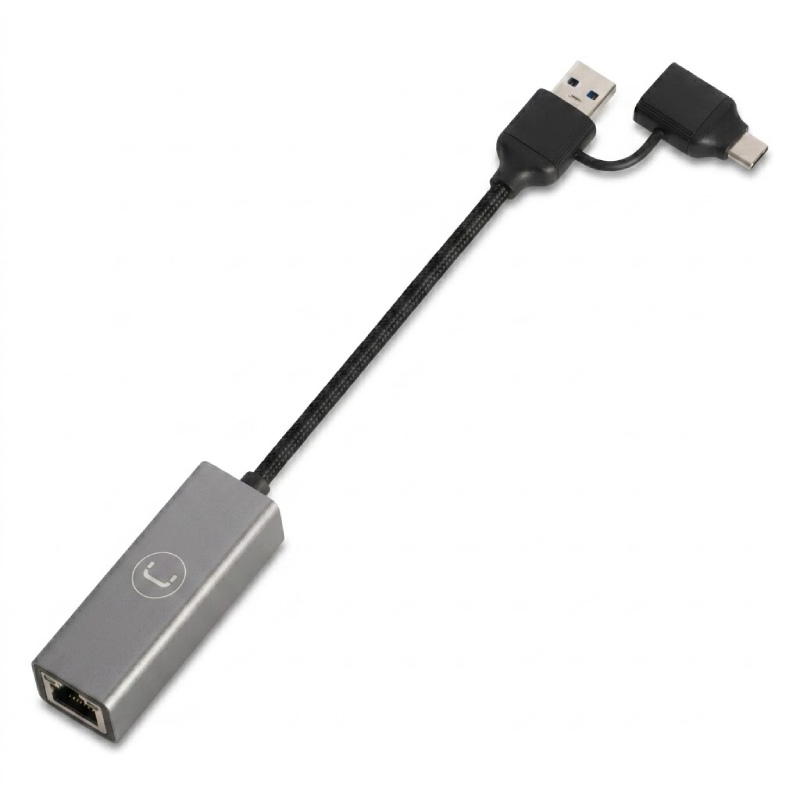 Adaptador Unno Tekno 2 en 1 USB 3.0 a Ethernet Gigabit AD3007GY USB-C y USB-A RJ45 Gris