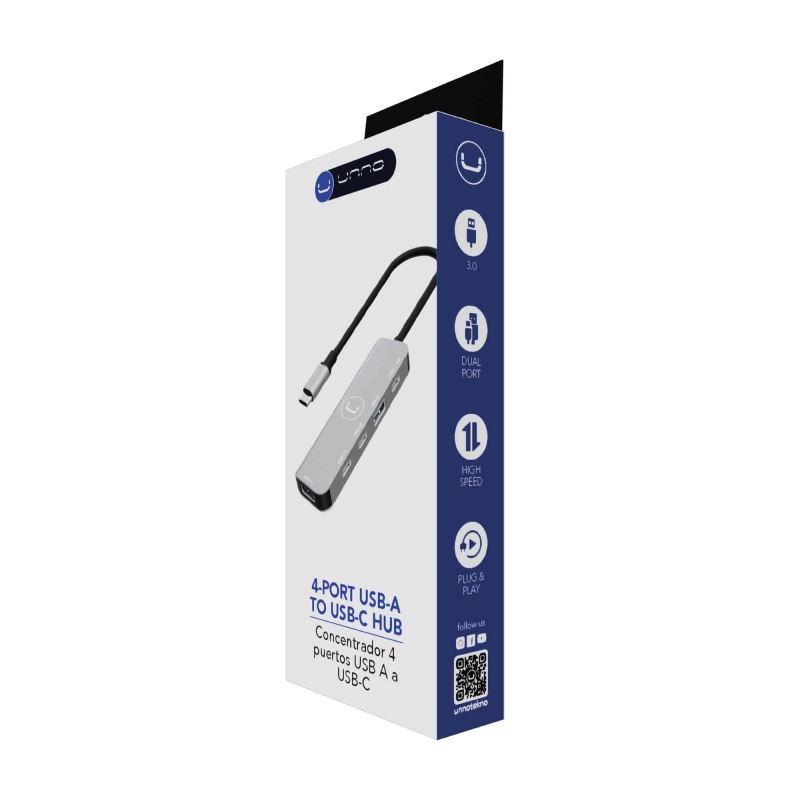 Hub UnnoTekno 4 Puertos USB-C 3.0 Negro