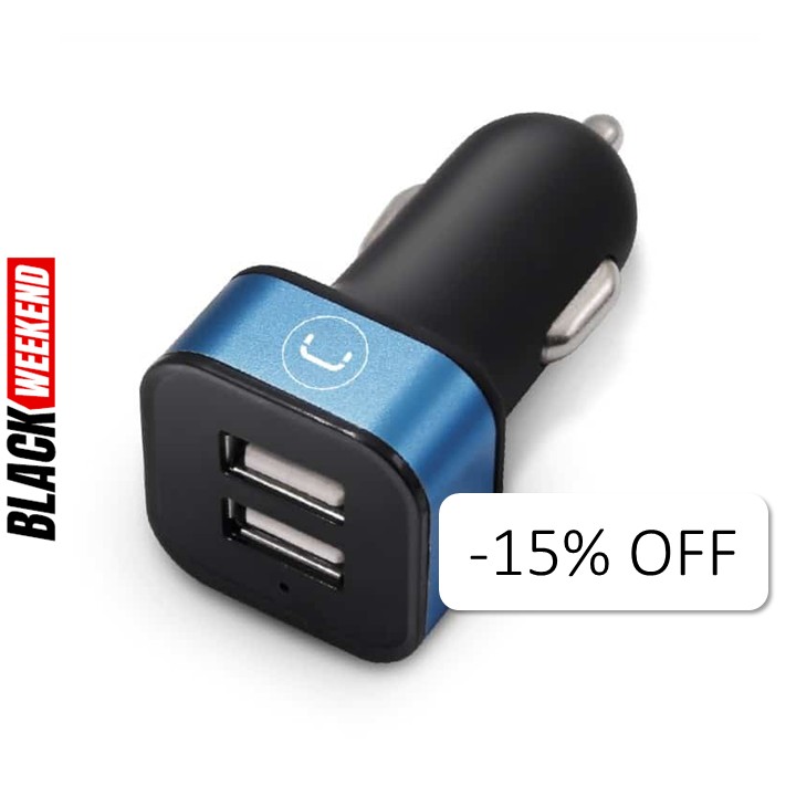 Cargador Unno Tekno PW5021BK para Carro Dual USB-A 3.4A Negro/Celeste