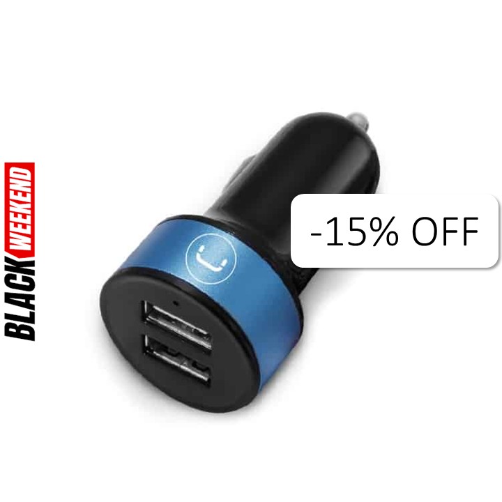 Cargador Unno Tekno PW5002BK para Carro Dual USB-A 2.1A Negro/Celeste